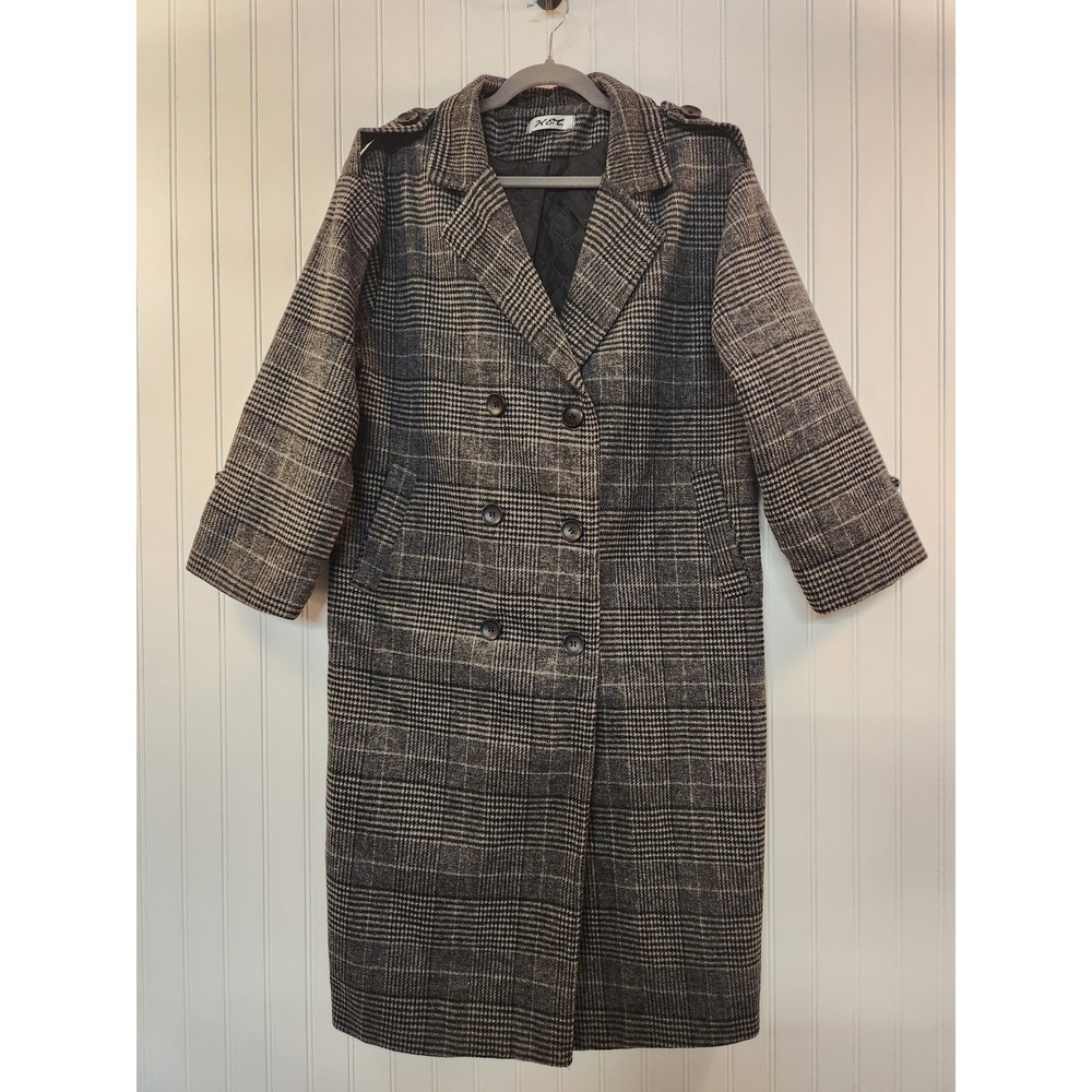 H&L Grey Glen Plaid Double Breasted Overcoat Womens Size Small Quilted Lined